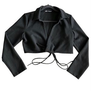 ZARA Black Crop Top Long Sleeve Collared Faux Wrap Textured with Tie XL